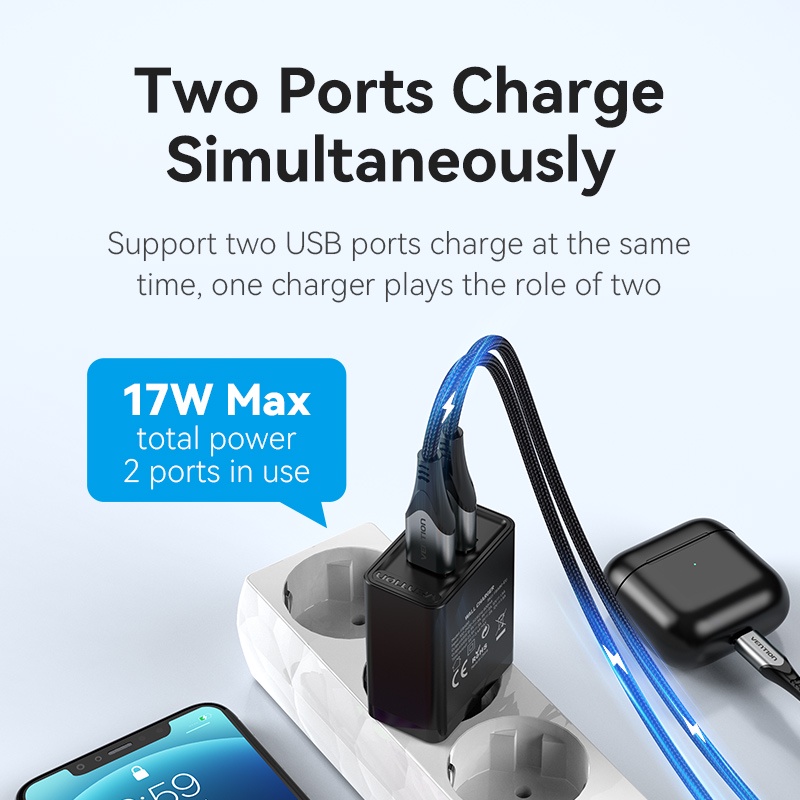 Củ sạc nhanh VENTION 18W hai cổng USB phong cách du lịch cho Samsung Xiaomi