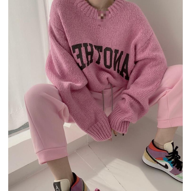 Áo Sweater Dệt Kim Dày Dáng Rộng In Chữ Màu Sắc Ngọt Ngào Phong Cách Hàn Quốc
