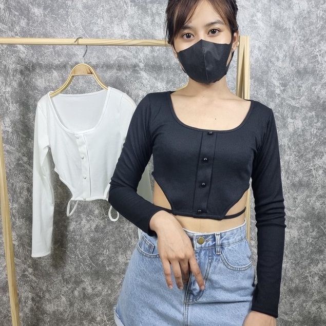 Áo croptop tay dài trễ vai dáng ôm GenY - áo kiểu nữ xẻ tà chất thun gân mềm mịn | WebRaoVat - webraovat.net.vn