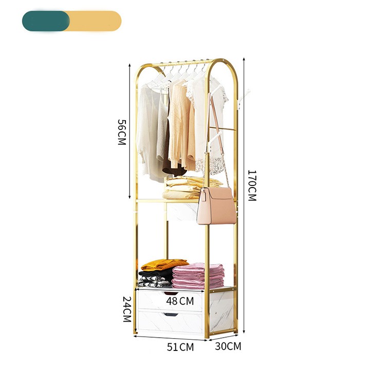 Tủ quần áo gỗ 2 ngăn kéo khung sắt mạ vàng có móc treo đồ, túi xách và phụ kiện - Tủ kệ để đồ cao cấp decor phòng ngủ