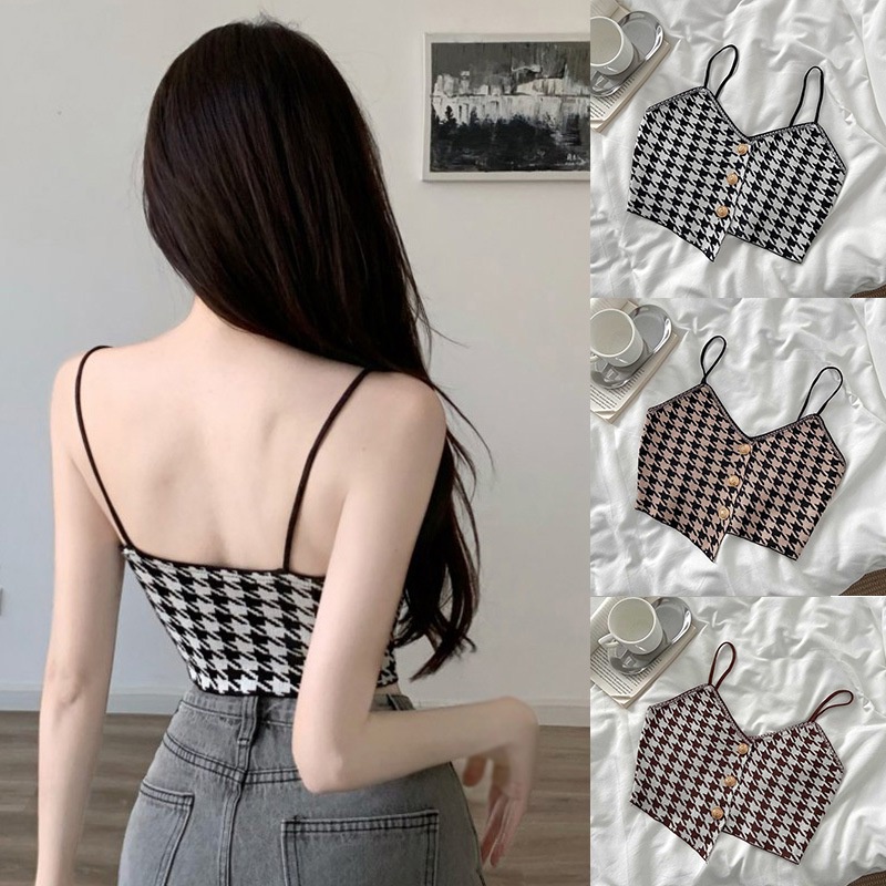Áo Croptop Hai Dây Họa Tiết Sọc Caro Phong Cách Hàn Quốc Thời Trang Mùa Hè Cho Nữ