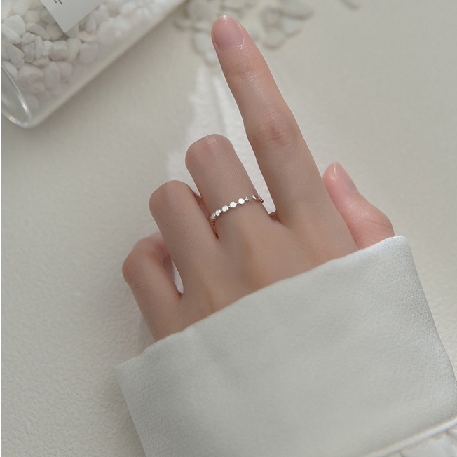 Nhẫn nữ nhẫn bạc s925 những mặt tròn dẹt đan xen và chốt bi dây xích điều chỉnh NB126