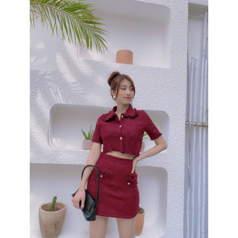 Set áo croptop vải bố đỏ x chân váy [INBOX MINI CHECK HÀNG TRƯỚC KHI ORDER]