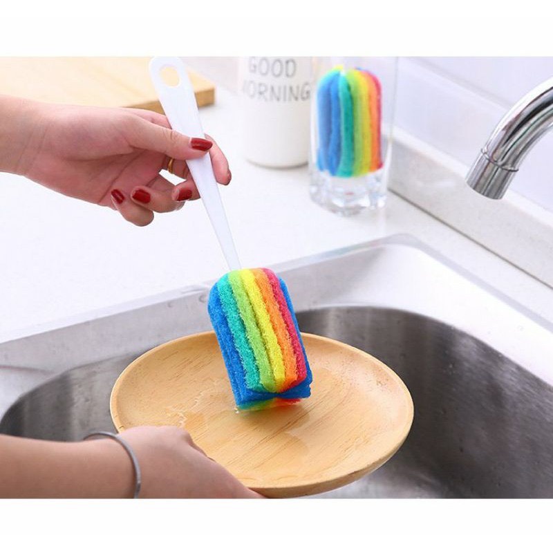 Cây cọ 7 màu rửa ly cốc bát bình sữa tạo bọt rửa sạch sẽ tiện lợi