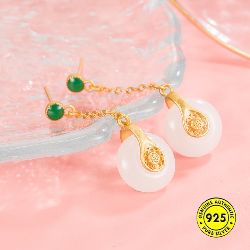 Bông Tai Đính Ngọc Bích Trắng Phong Cách Trung Quốc Cổ Điển Cho Nữ