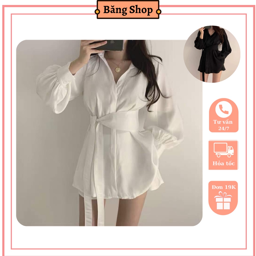 Áo váy sơ mi phối đai kèm quần sooc - Chất vải mát, mềm mịn - Đen/Trắng