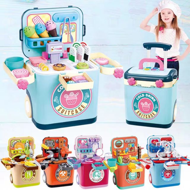 Bộ vali kéo đồ chơi nhà bếp, trang điểm, BBQ, sửa chữa, bác sỹ hình xe đẩy cho bé nhựa nguyên sinh an toàn cho bé