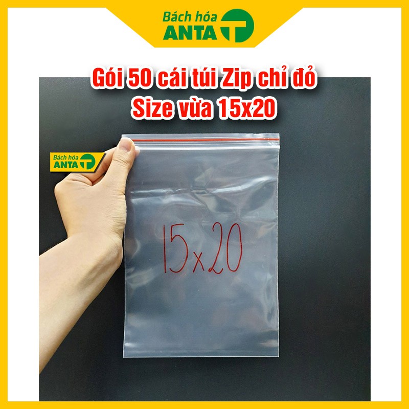 Gói 50 cái túi zip chỉ đỏ size vừa 15x20 loại dày đẹp - Túi vuốt mép phụ kiện, thực phẩm, gia vị