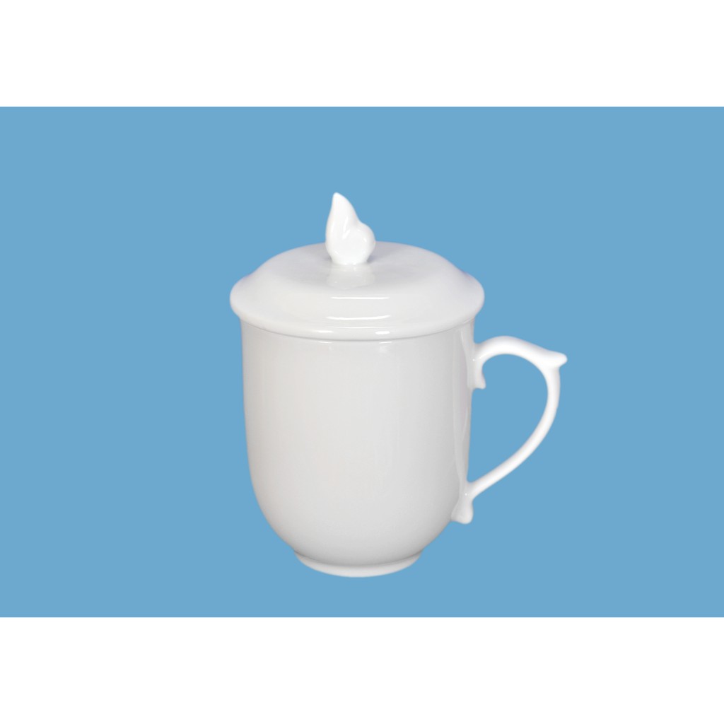 Cốc Sứ Uống Nước Có Nắp UNC Việt Nam - Màu trắng tinh khiết, dáng chóp lửa, 350ml, không chứa Chì & Cadim