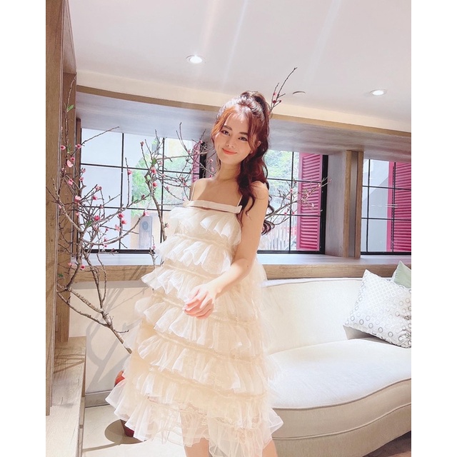 Đầm 2 dây nhún bèo xếp tầng Rita Dress màu kem phong cách tiểu thư đi chơi đi tiệc - LINN DESIGN