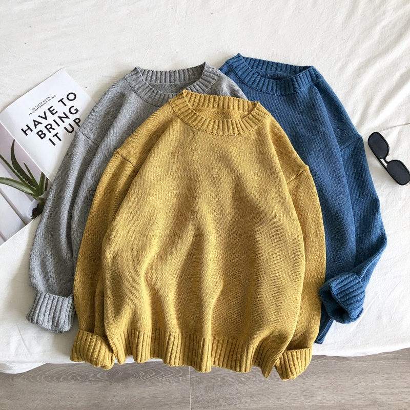 Áo sweater IELGY dáng rộng cổ tròn màu trơn thời trang Nhật cá tính cho nam