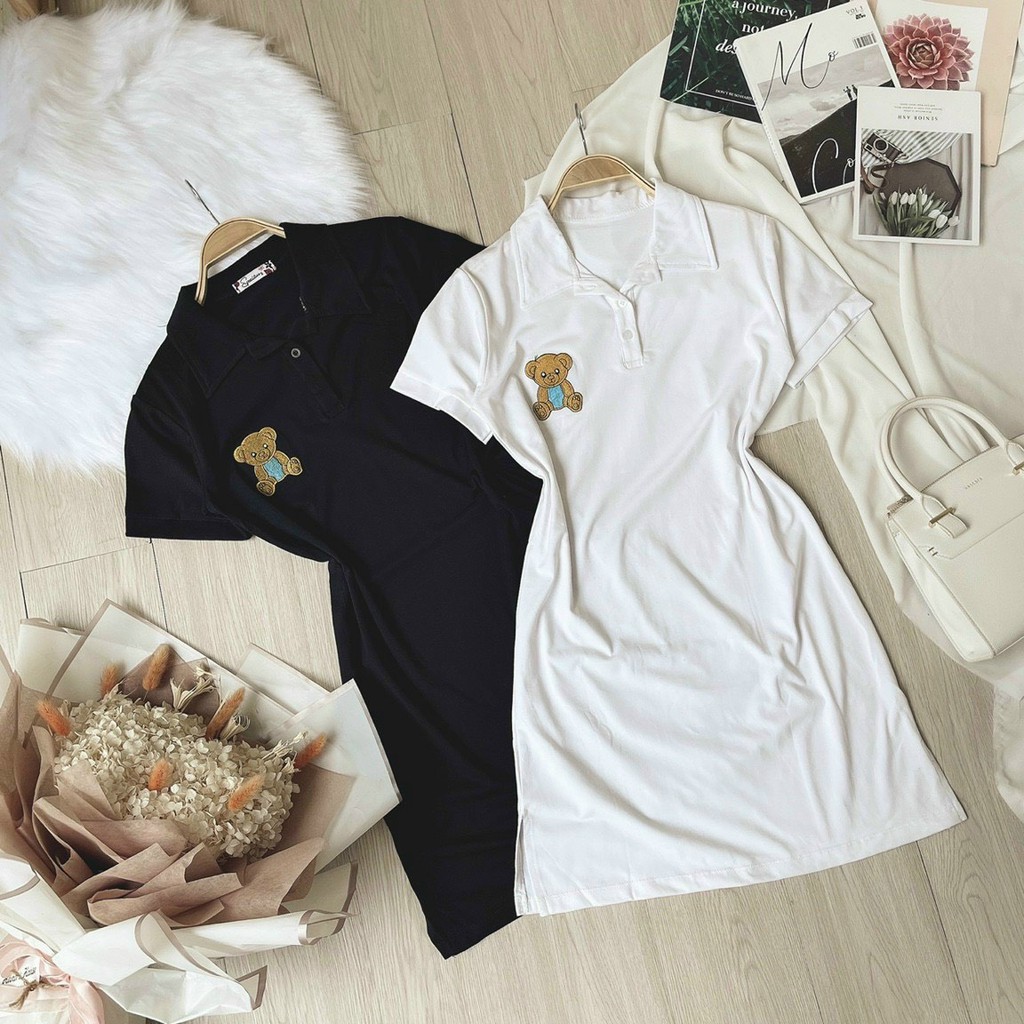 Đầm cổ bẻ chữ A thêu gấu bên ngực chất borip xinh ncs