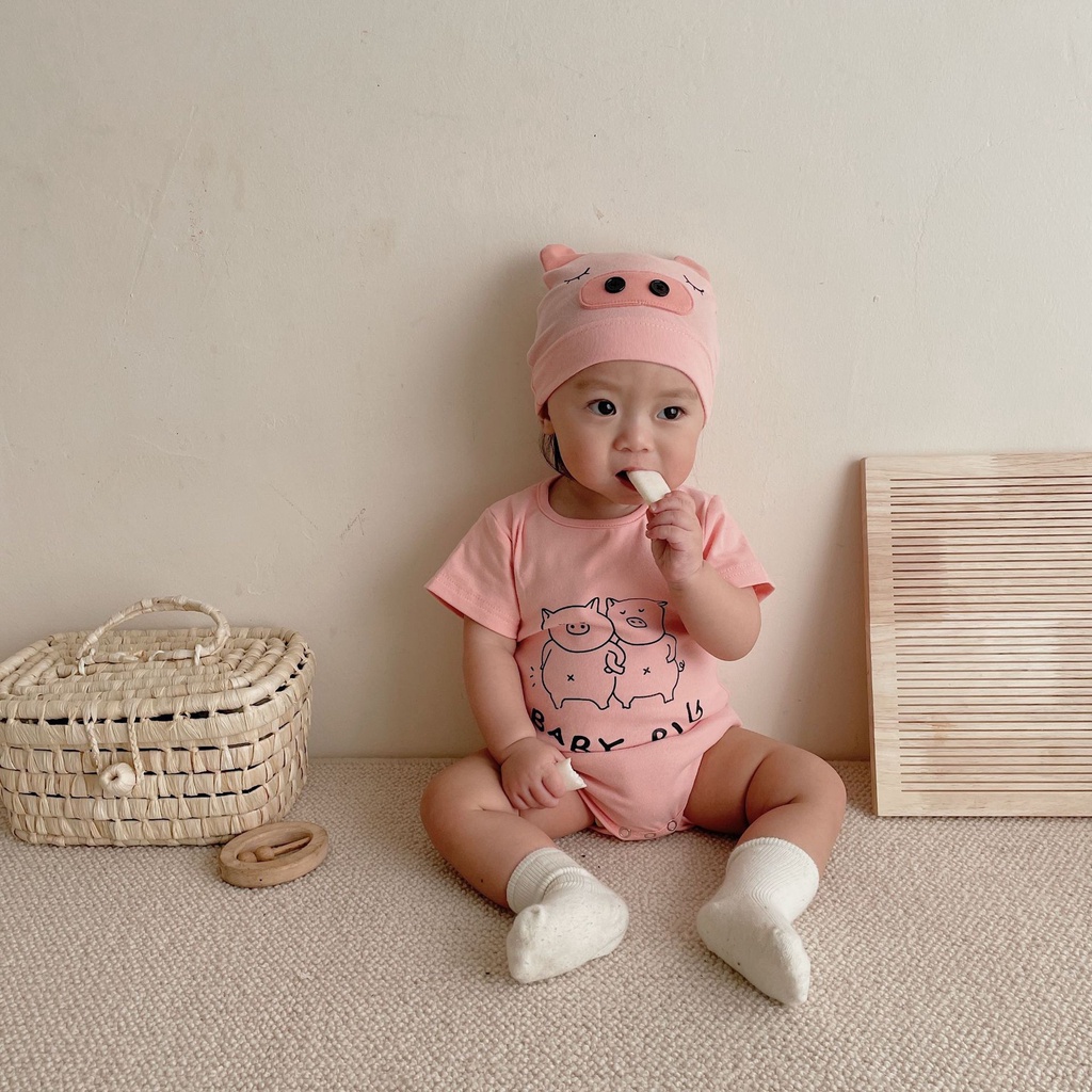 Bộ Áo Liền Quần Tay Ngắn Kèm Mũ Hình Chú Heo Dễ Thương Thời Trang Cho Bé 0-2 Tuổi