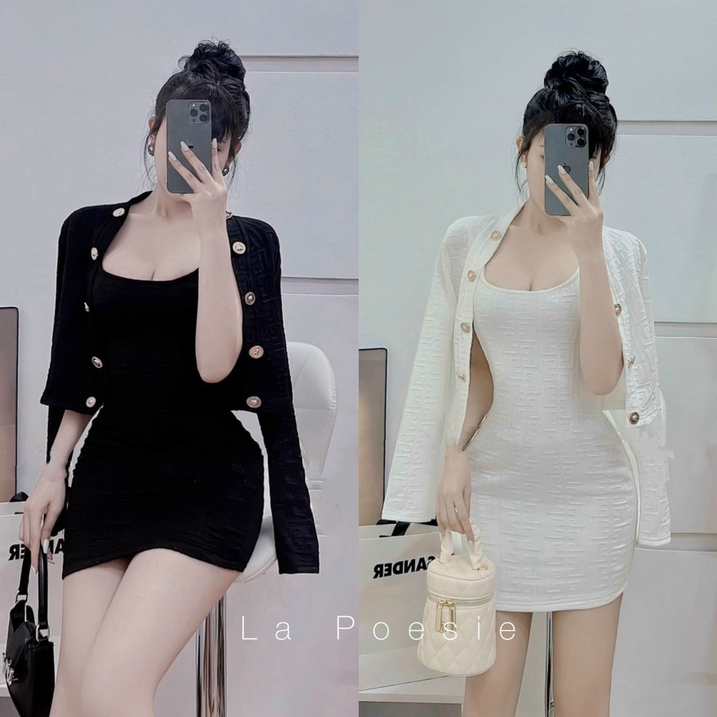 SET áo khoác croptop lửng dài tay khuy đồng váy ôm body dập chữ nổi hotgirl đi tiệc công sở đẹp giá rẻ