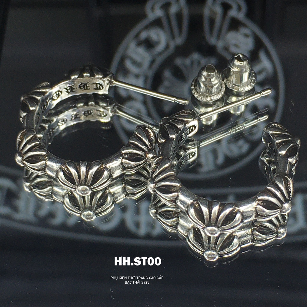Khuyên tai Chrome heart, khuyên tai bạc tròn ,hoa tai họa tiết 5 bông nổi , Trang sức bạc cao cấp HHST00 Mã K0009
