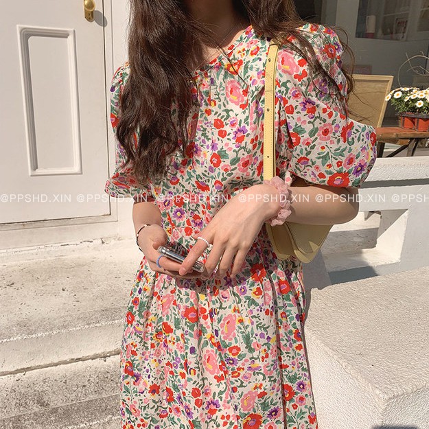 (ORDER) Váy hoa nhí sơn dầu ngọt ngào điệu đà tay bồng công chúa xòe dài vintage diu dàng mùa hè Hàn Quốc