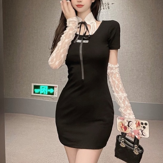 Pure Desire Niche Đầm Ôm Eo Phối Ren Màu Đen Thời Trang Mùa Hè Cho Nữ