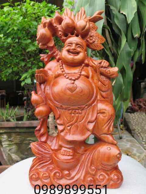 Tượng phật di lặc cưỡi cá chép gỗ hương cao 40cm