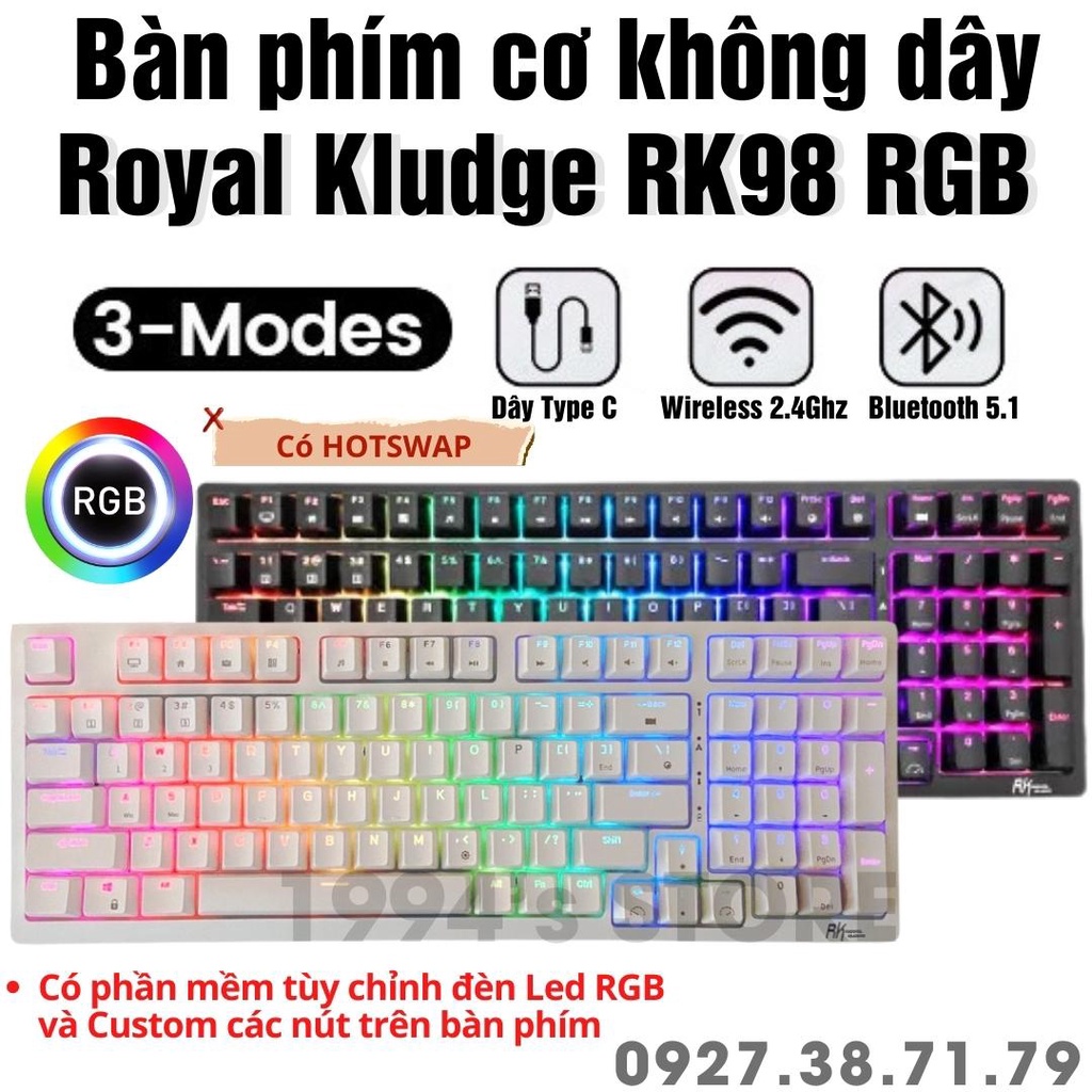 RK98 HOTSWAP - Bàn phím cơ không dây Royal Kludge RK98 kết nối 3 chế độ Bluetooth 5.0 | Wireless 2.4G | Type C