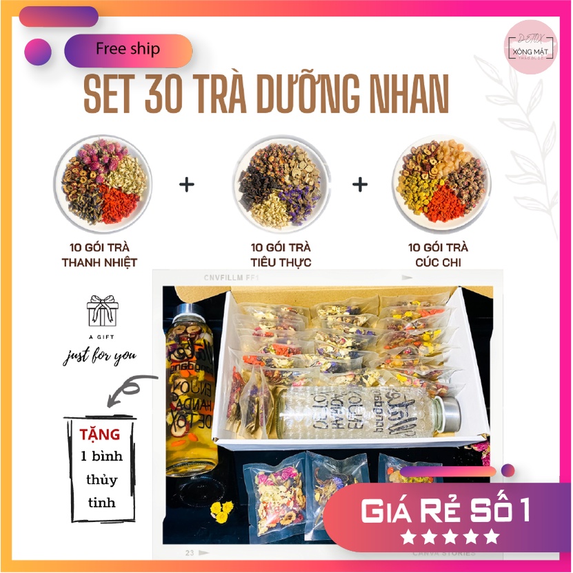 [SALE] SET 30 gói TRÀ DƯỠNG NHAN + tặng bình thủy tinh 500ml - đẹp da, dễ ngủ