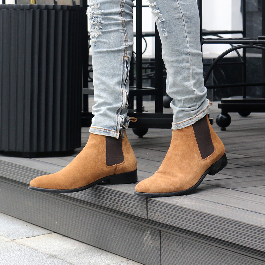 Giày Chelsea boots nam da lộn nâu, da bò cao cấp nhập khẩu handmade August shoes AG1V  chính hãng bảo hành 12 thá