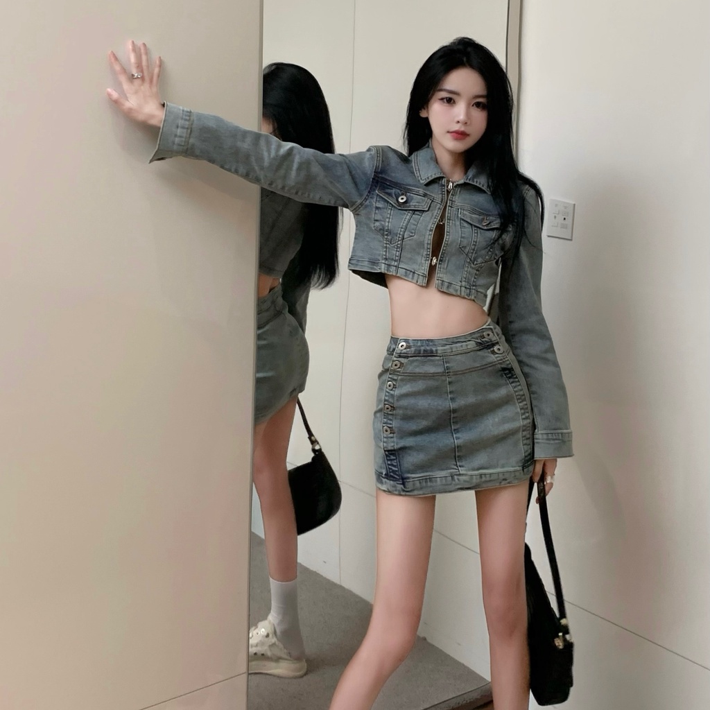 Set Áo Khoác Denim Tay Dài + Chân Váy Denim Eo Cao Phong Cách Hàn Quốc Mới Cho Nữ