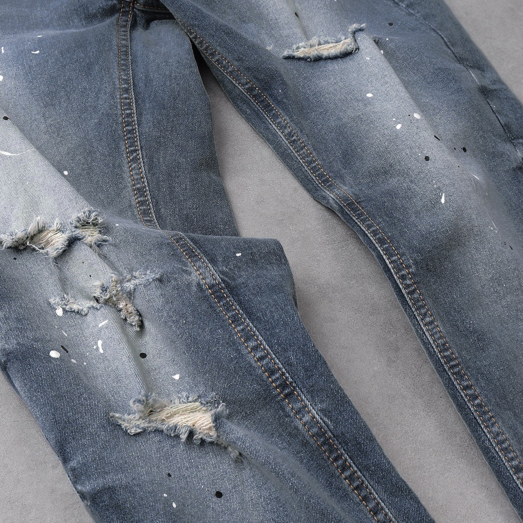 Quần jean nam cao cấp streetwear KQ31 màu xanh wash vẫy sơn rách bui bậm form slimfit chất jean co giãn, thoải mái.