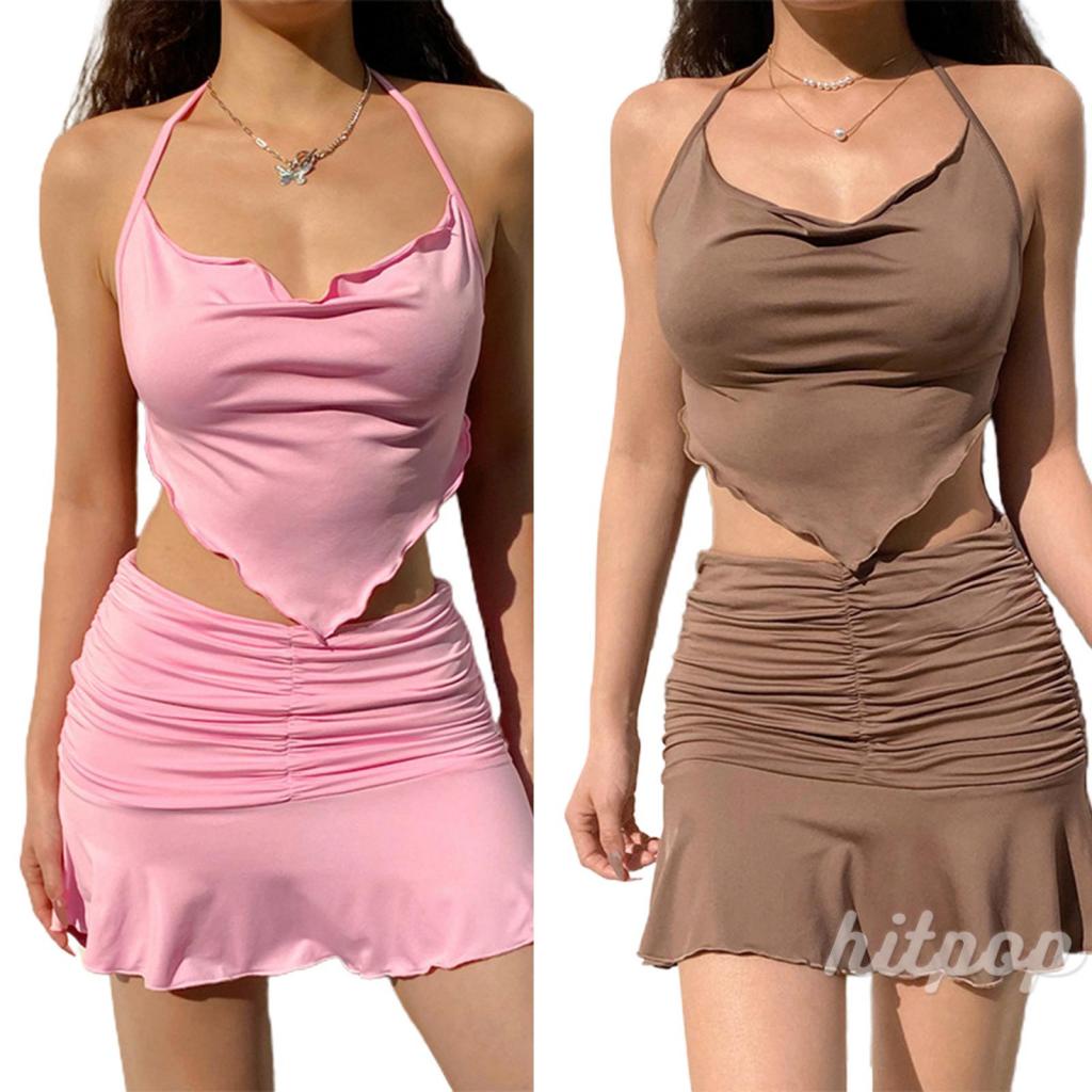 Hitpop-Female Vest, Girls Solid Color Sleeveless Strappy Spaghetti Strap Crop Tops, Matching with High Waist Pleated