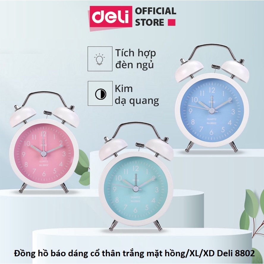 Đồng hồ báo thức Deli 8802 - Thân trắng mặt -Xanh dương/Xanh lá/ Hồng, tích hợp đèn ngủ, kim dạ quang-vpp Diệp Lạc sỉ lẻ