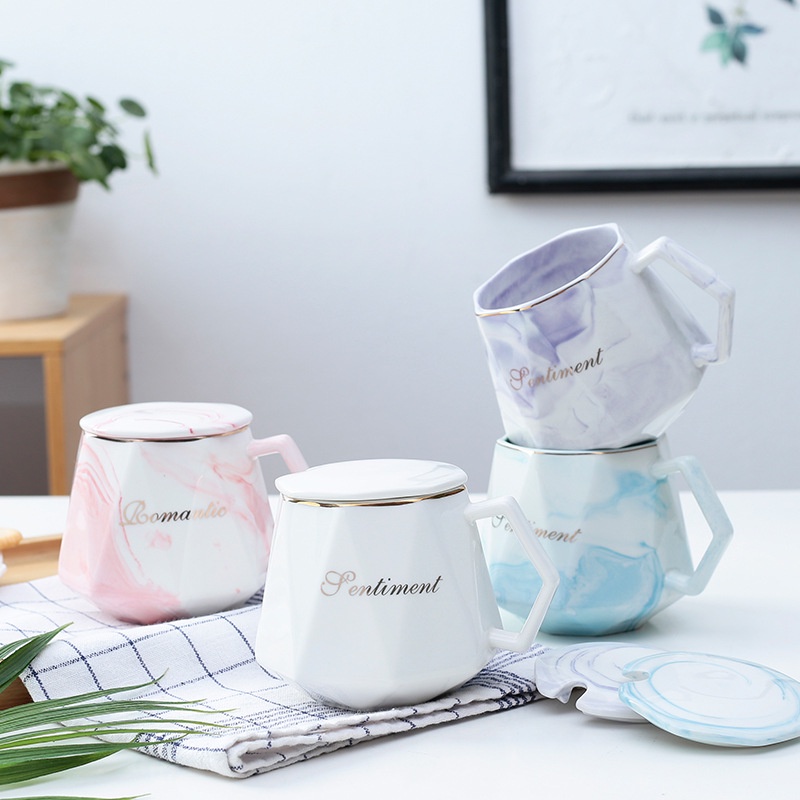 Ly cốc sứ uống trà cafe vân đá nhiều cạnh khắc chữ Romantic