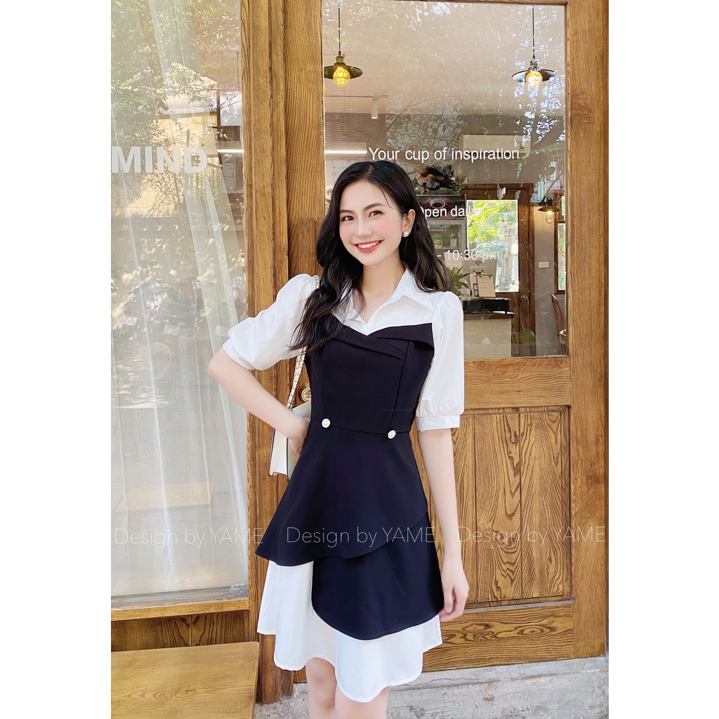 Váy đầm đen thanh lịch 2 dáng chữ A tay phối sang trọng YAME