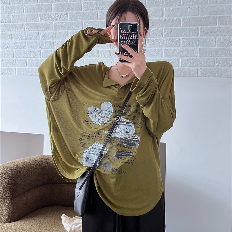 Áo Thun Dài Tay Dáng Rộng Vải Mỏng In Họa Tiết Thời Trang Dành Cho Nữ