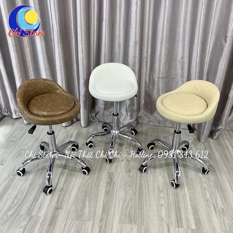 Ghế Xoay Spa, Ghế Live, Trang Điểm Tựa Thấp Bọc Da Nhung Xoay 360 Độ Khung Inox Chắc Chắn Tuỳ Chỉnh Độ Cao
