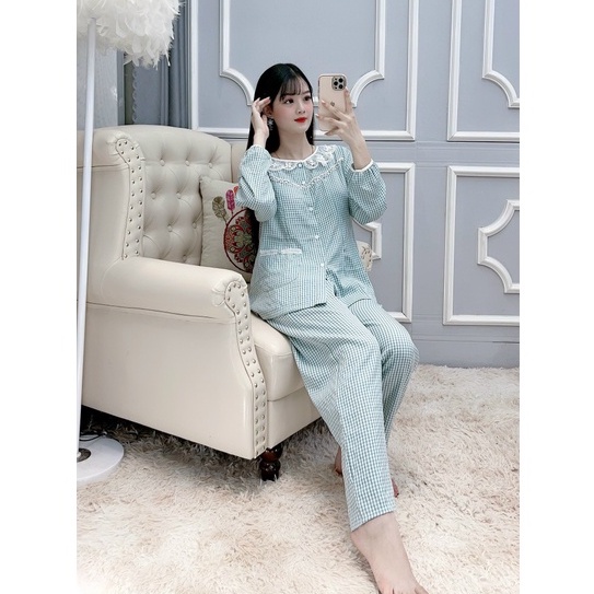 Bộ đồ bầu dài tay và cho con bú M417 chất đũi kẻ cao cấp freesize từ 45 đến 70kg