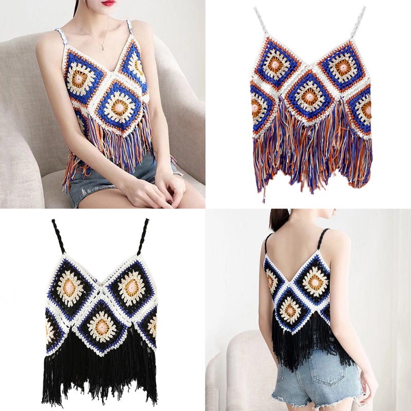 Áo croptop dệt kim hai dây phối tua rua họa tiết sọc caro nhiều màu phong cách boho cho nữ