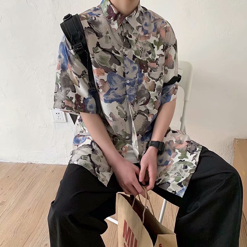 New spot real shot men's summer urban fashion cool irregular splash tie dyed Hawaiian style casual wild short-sleeved shirt