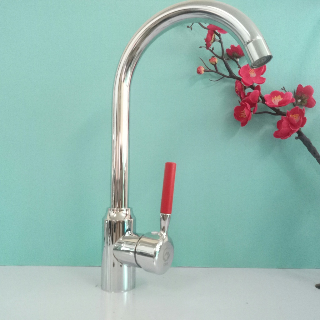 Vòi bồn rửa bát nóng lạnh cắm chậu ngồng cứng Inox bóng cổ bi xoay 360 độ cần gạt tròn đỏ sang trọng, bắt mắt