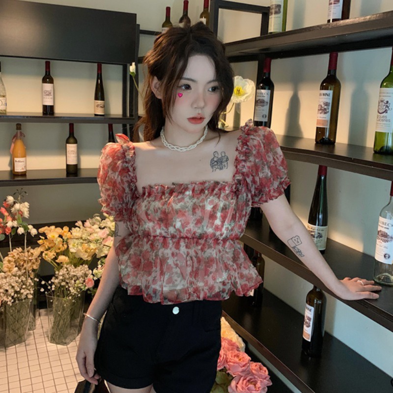 Áo Sơ Mi chiffon Tay Ngắn Cổ Vuông In Họa Tiết Hoa Thời Trang Mùa Hè Phong Cách Pháp Ngọt Ngào Xinh Xắn Cho Nữ
