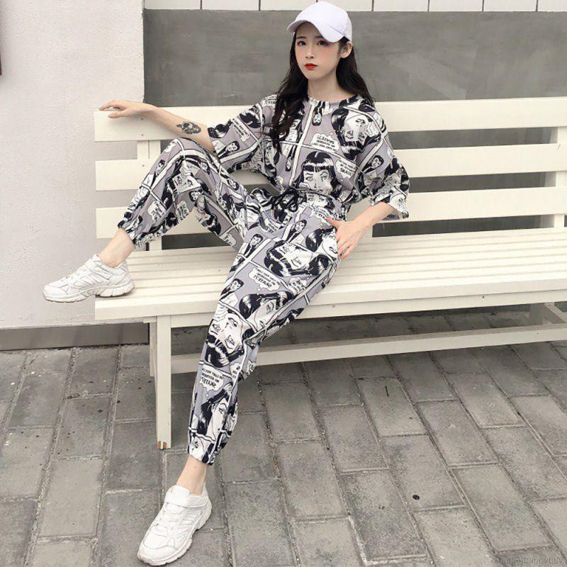 Set quần dài và áo thun tay dài phong cách Hip Hop thời trang cho nữ