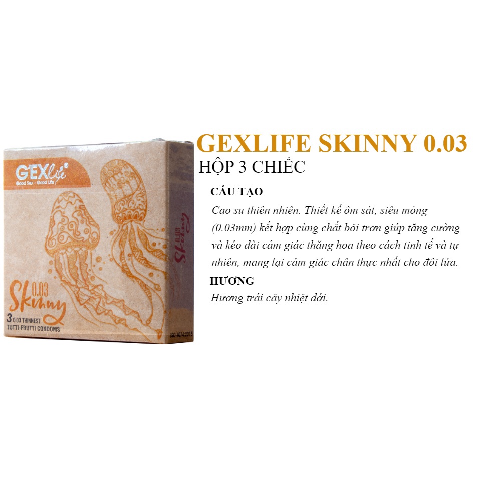 Bao cao su GEXlife Skinny 0.03, bcs siêu mỏng chống xuất tinh sớm kéo dài thời gian