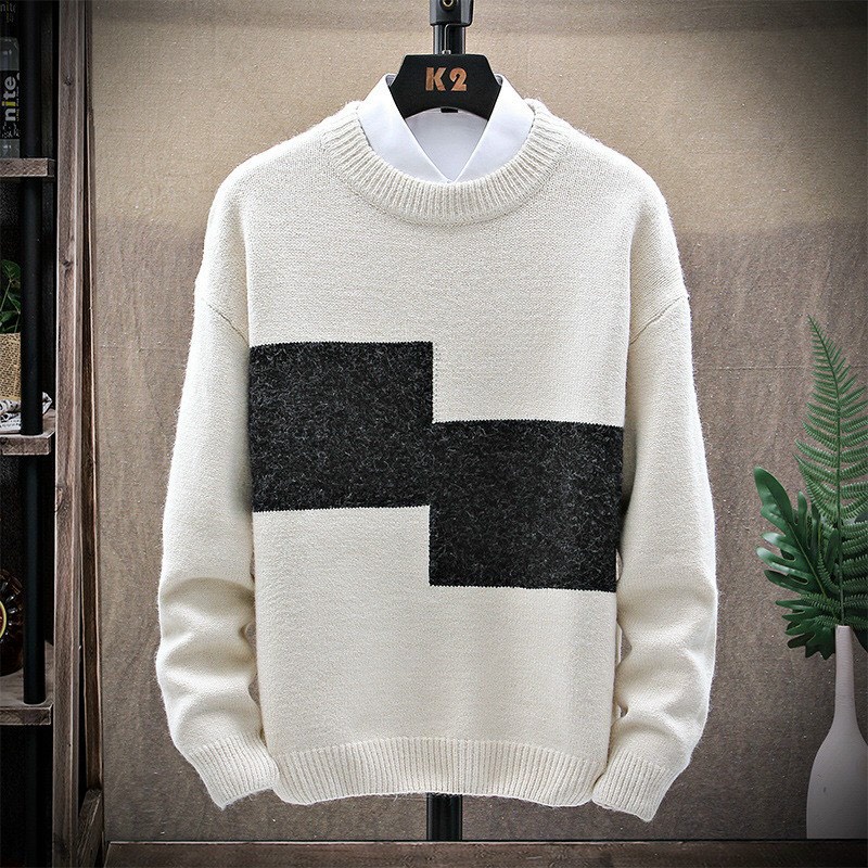 Áo len nam cao cấp dài tay cổ tròn phối ca rô phong cách Hàn Quốc - JUST MEN