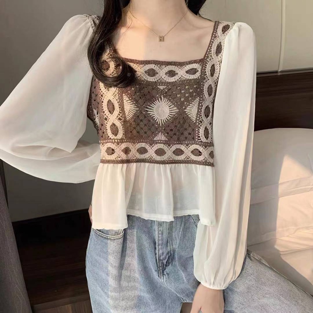 Áo voan SUXI tay dài cổ vuông thời trang dành cho nữ