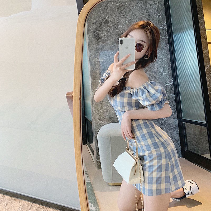 Đầm Trễ Vai Tay Phồng Họa Tiết Ca Rô Thời Trang Dành Cho Nữ | BigBuy360 - bigbuy360.vn