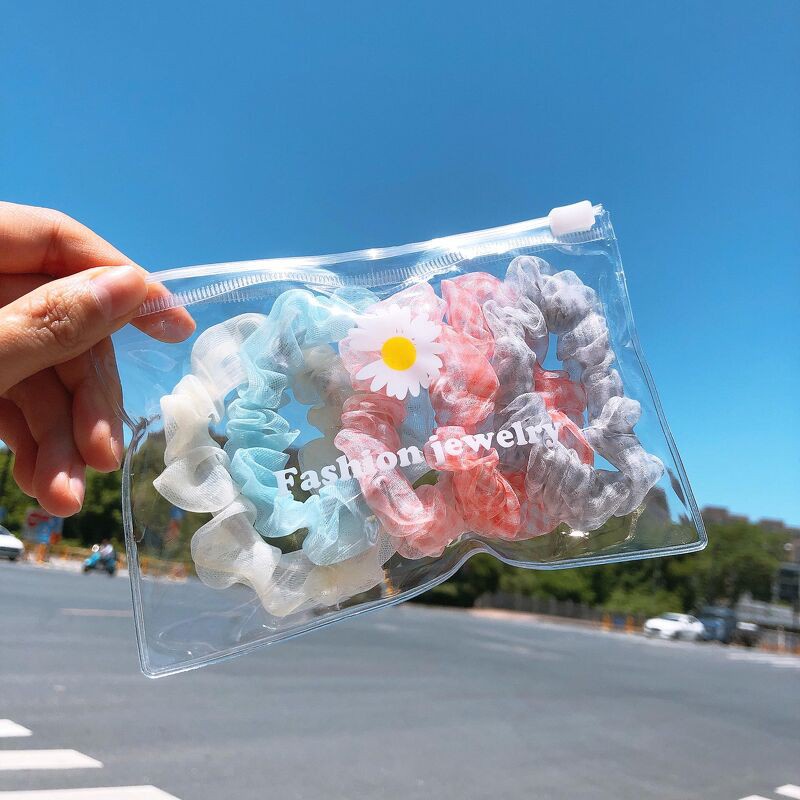 Set 5 Dây Buộc Tóc Scrunchies Túi Zip Hoa Cúc