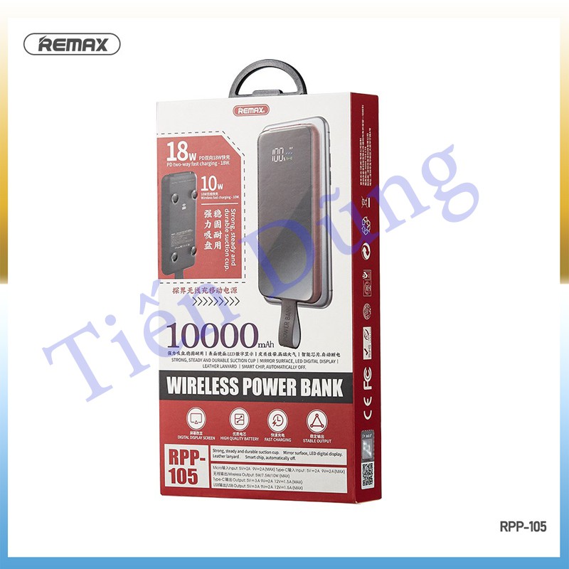 Sạc dự phòng Remax RPP-105 hỗ trợ sạc không dây dòng sạc nhanh 18W dung lượng 10.000mAh chính hãng