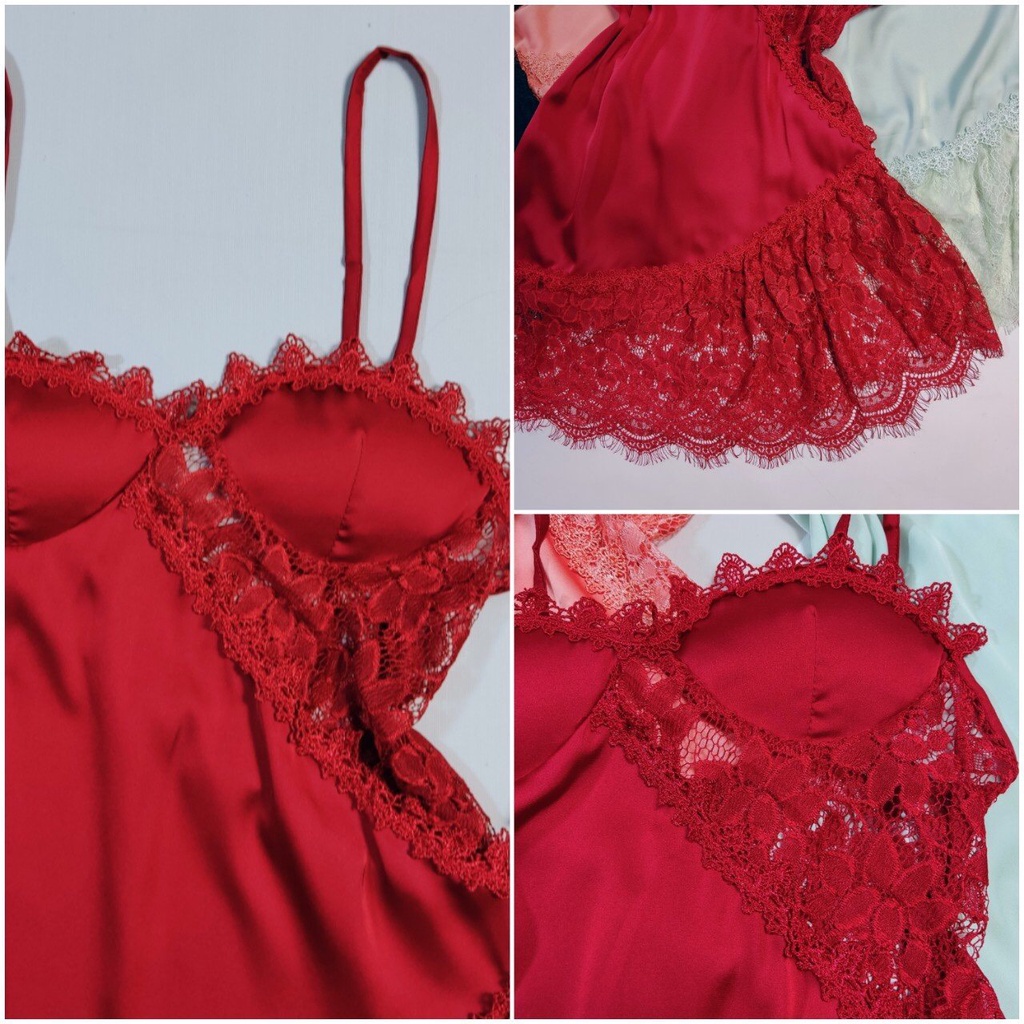 Đầm ngủ lụa satin phối ren có mút ngực bo ren eo sexy kèm quần