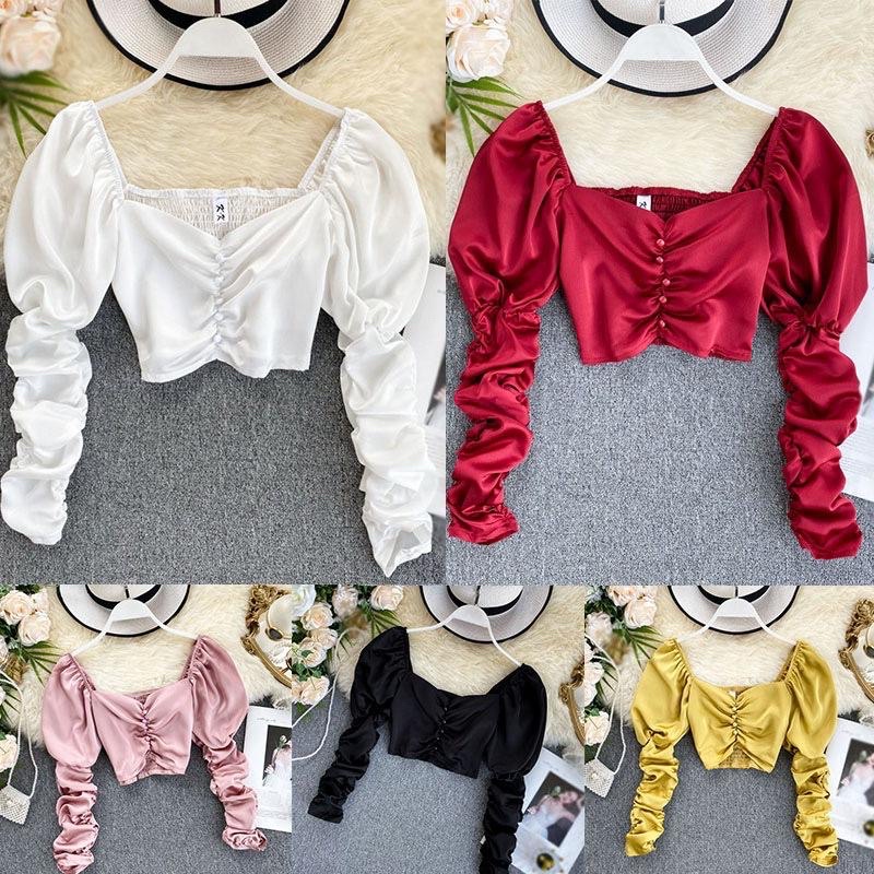 Áo Lửng Lệch Vai Tay Phồng Phong Cách Quyến Rũ Dành Cho Nữ