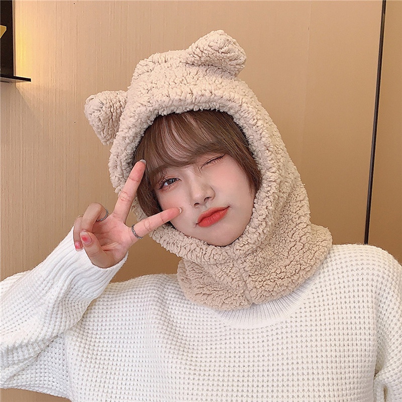 Mũ Len Trùm Tai Kiêm Khăn Choàng Cổ 3 Trong 1 Giữ Ấm Mùa Đông Bằng Vải Bông Mềm Mại Thoải Mái Hình Gấu Dễ Thương