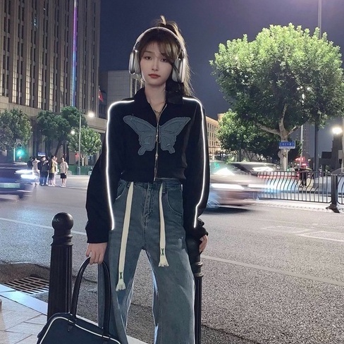 Áo khoác ZHELIHANGFEI dài tay eo cao thêu hình bướm thời trang quyến rũ cao cấp