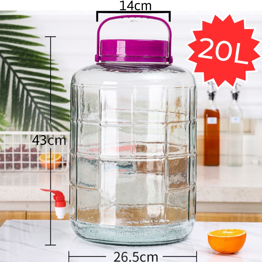 Bình Ngâm Rượu Thuỷ Tinh 20 Lít Có Vòi & Không Vòi Nắp Tím. Bình Thủy Tinh Ngâm Rượu 20L Có Quai Xách Siêu Tiện Lợi